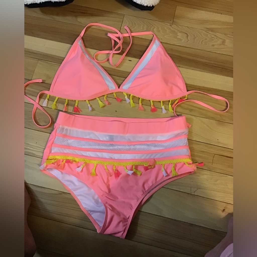 Women Sz Xlarge 2 Pc Bikini Bathing Suit Swimsuit Peach Pink Yellow Fringes Euc